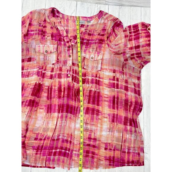 Avenue Womens Pink & Peach Abstract Printed Blouse 30/32 Button-Up Pocket Detail - Picture 3 of 15
